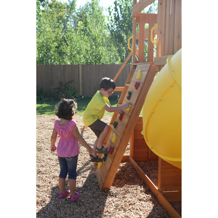 KidKraft Boulder Station Wooden Swing Set / Playset with Tube Slide